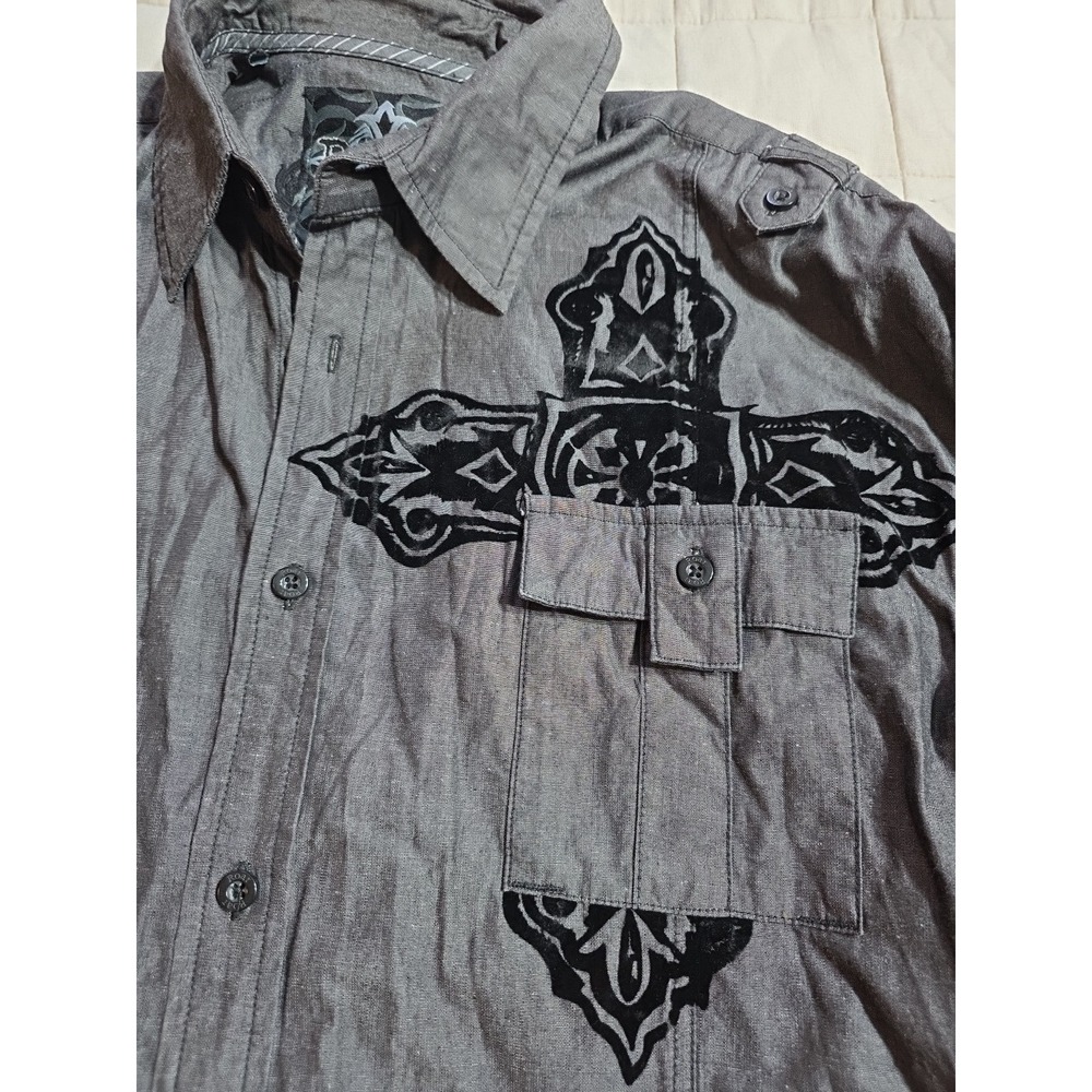 Roar Enough Excuses Mens XL Gray Dragons Embroidered Cross Velvet Fleur-de-lis